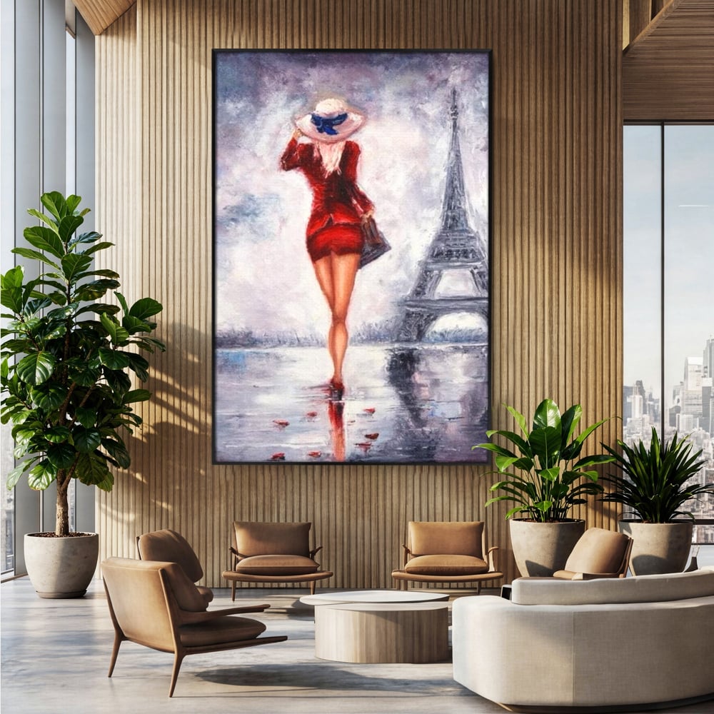 Tablou canvas cu pictura cu femeie in rochie rosie, in rama de aluminiu negru, pe perete intr-un birou